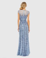 Blue Embellished Illusion High Neck Cap Sleeve Gown