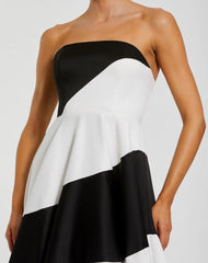 Black and White Striped Satin Strapless Ball Gown