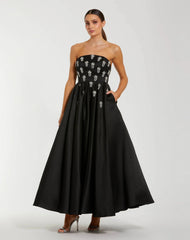 Black Crystal Embellished Strapless Satin A-Line Dress