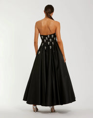 Black Crystal Embellished Strapless Satin A-Line Dress