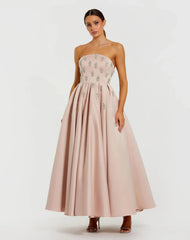 Pink Crystal Embellished Strapless Satin A-Line Dress