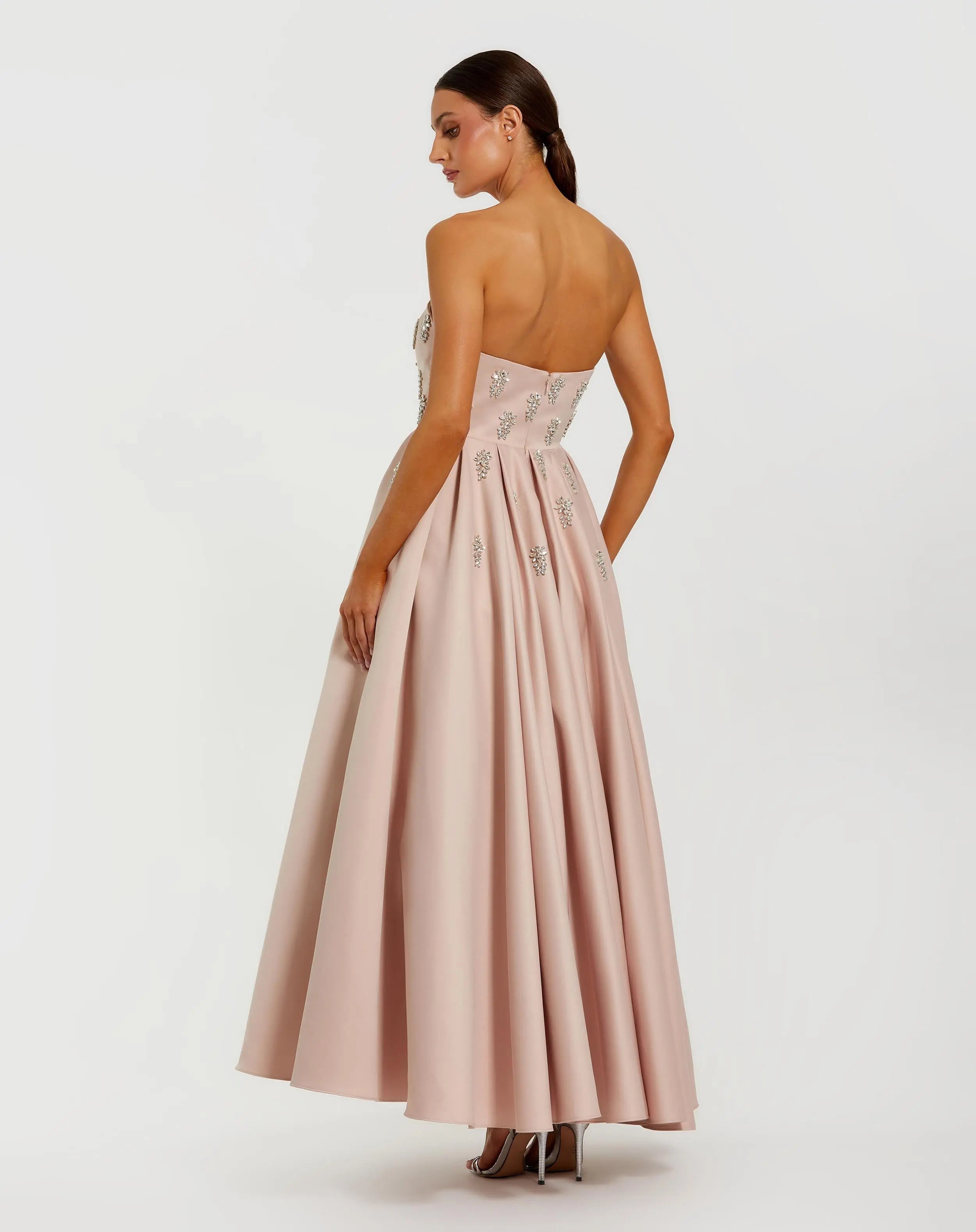 Pink Crystal Embellished Strapless Satin A-Line Dress