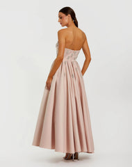 Pink Crystal Embellished Strapless Satin A-Line Dress