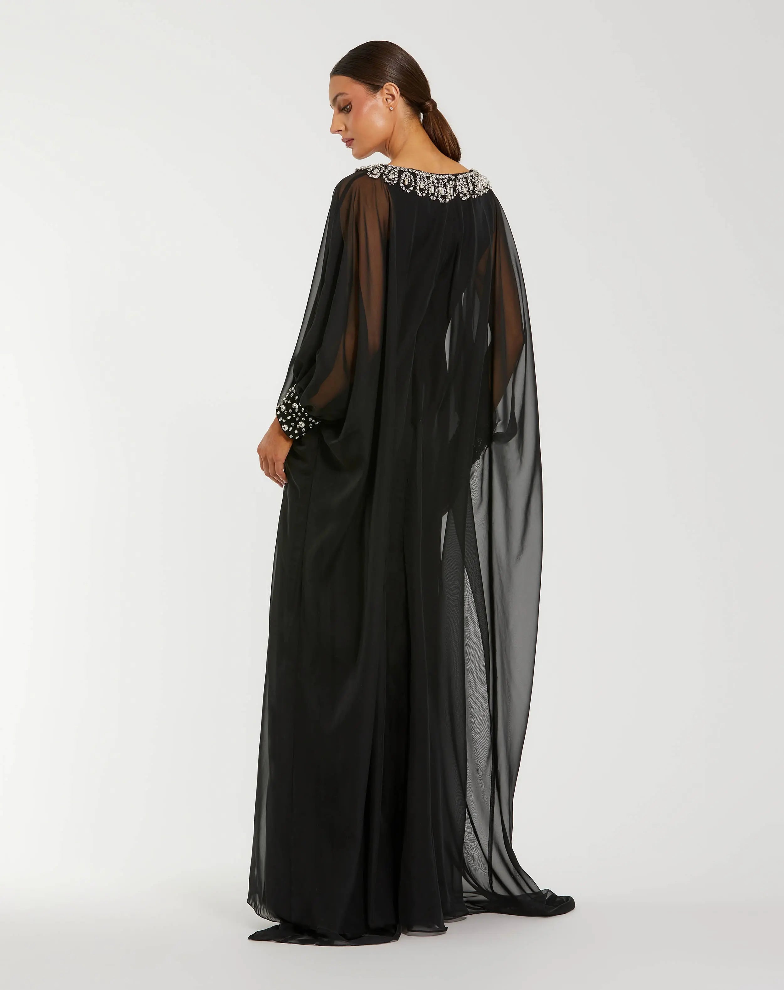 Black Long Sleeve Embellished Chiffon Kaftan Gown