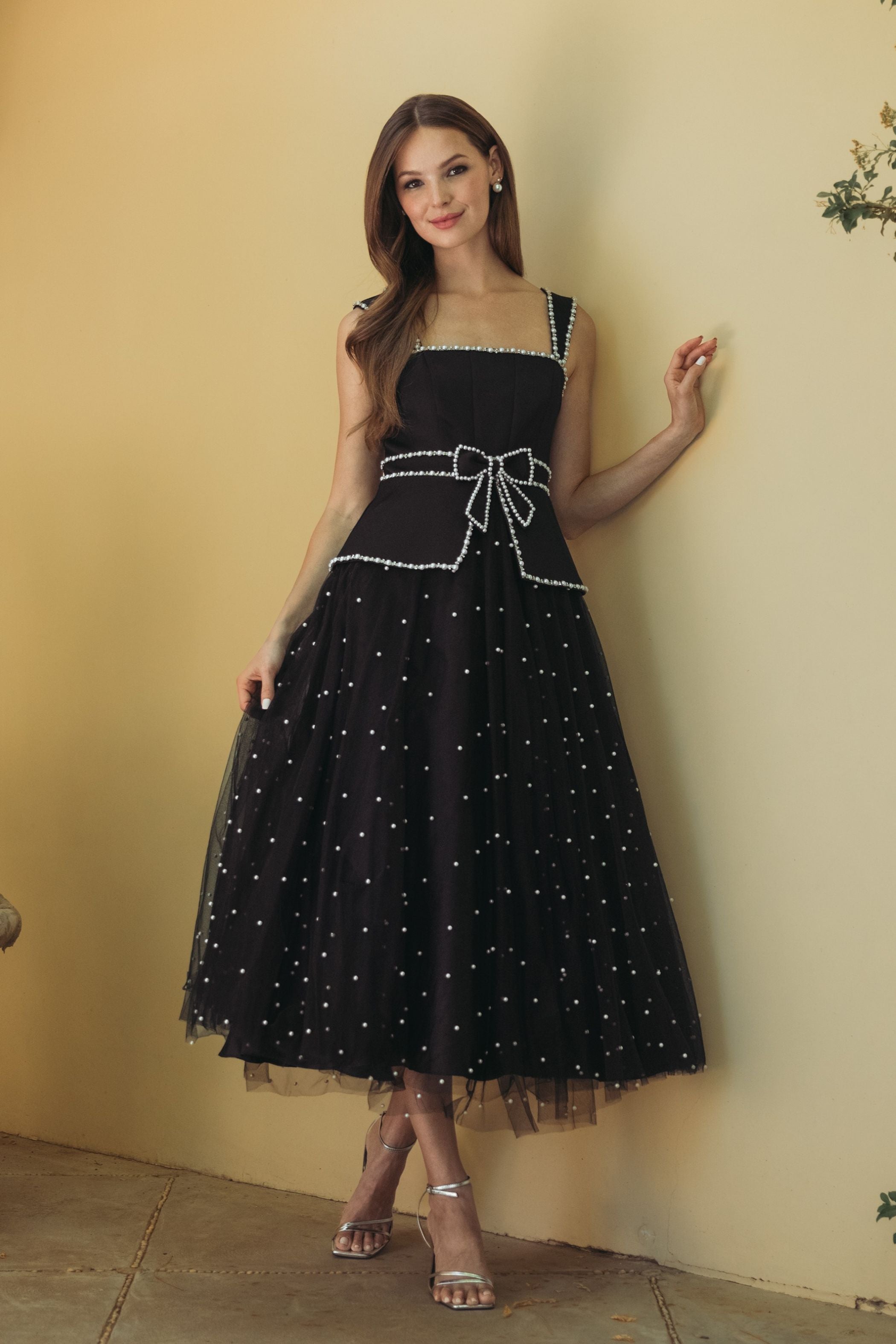 Black Sleeveless Embellished Crepe And Tulle Midi Dress