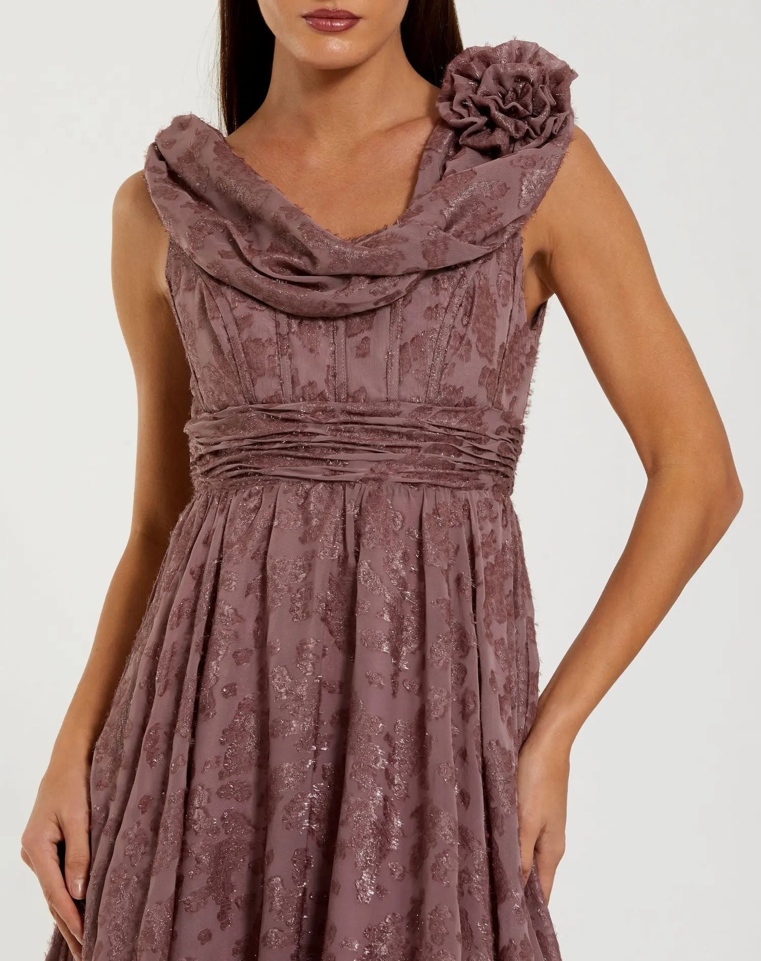 Purple Chiffon Sleeveless Cowl Neck Midi Dress