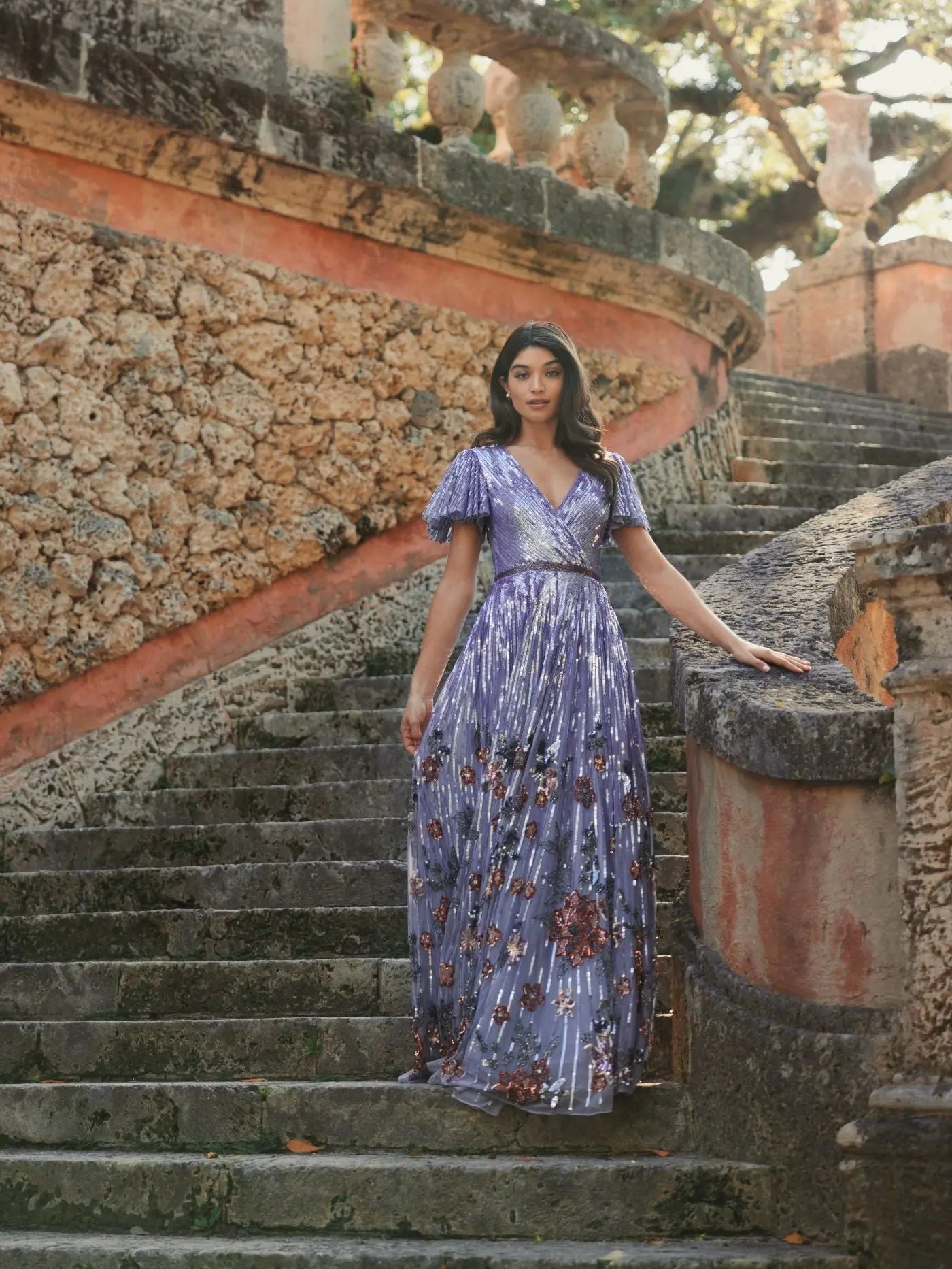 Purple Flounce Sleeve V Neck Gown