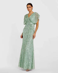 Green Draped Sleeve V Neck Gown