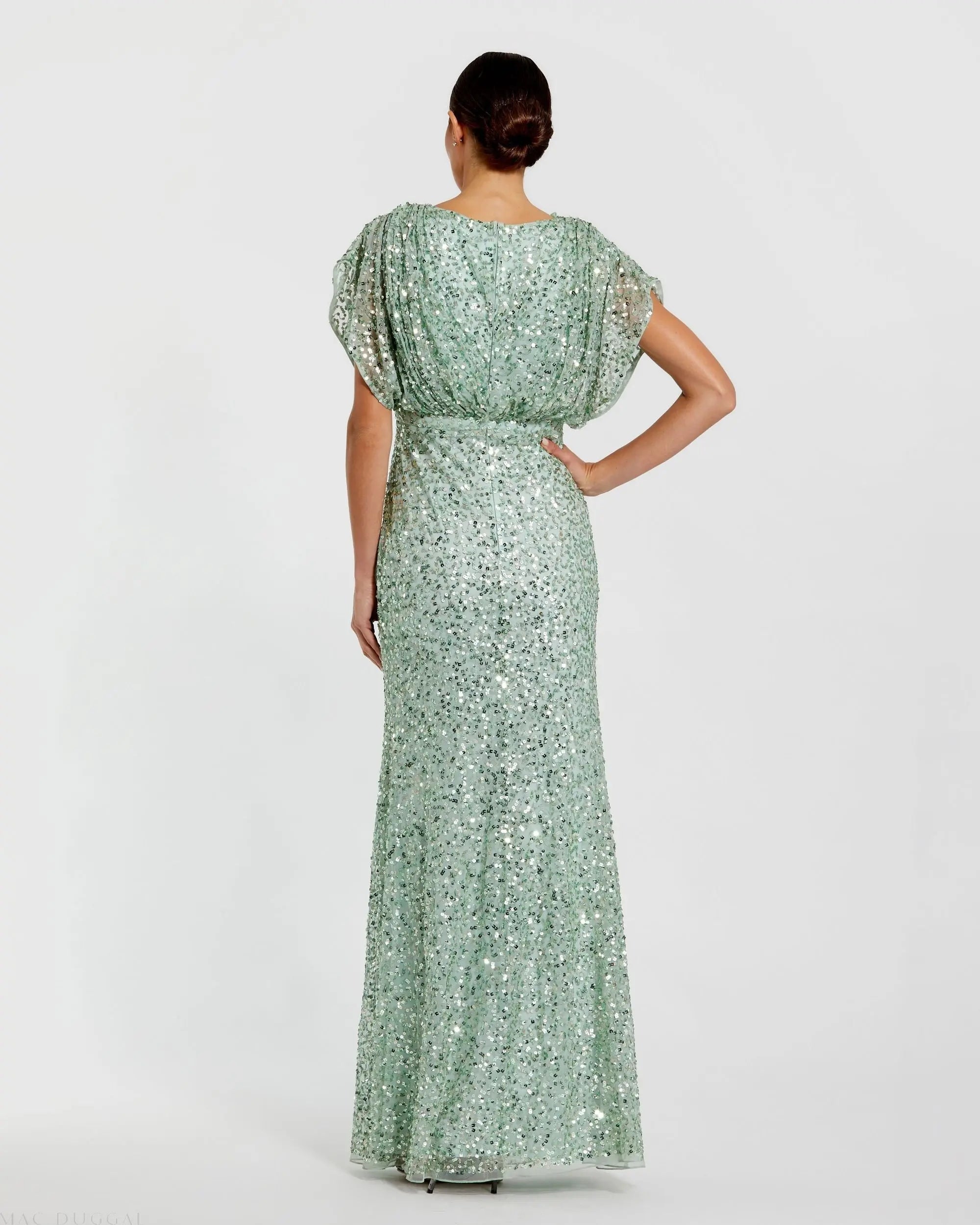 Green Draped Sleeve V Neck Gown