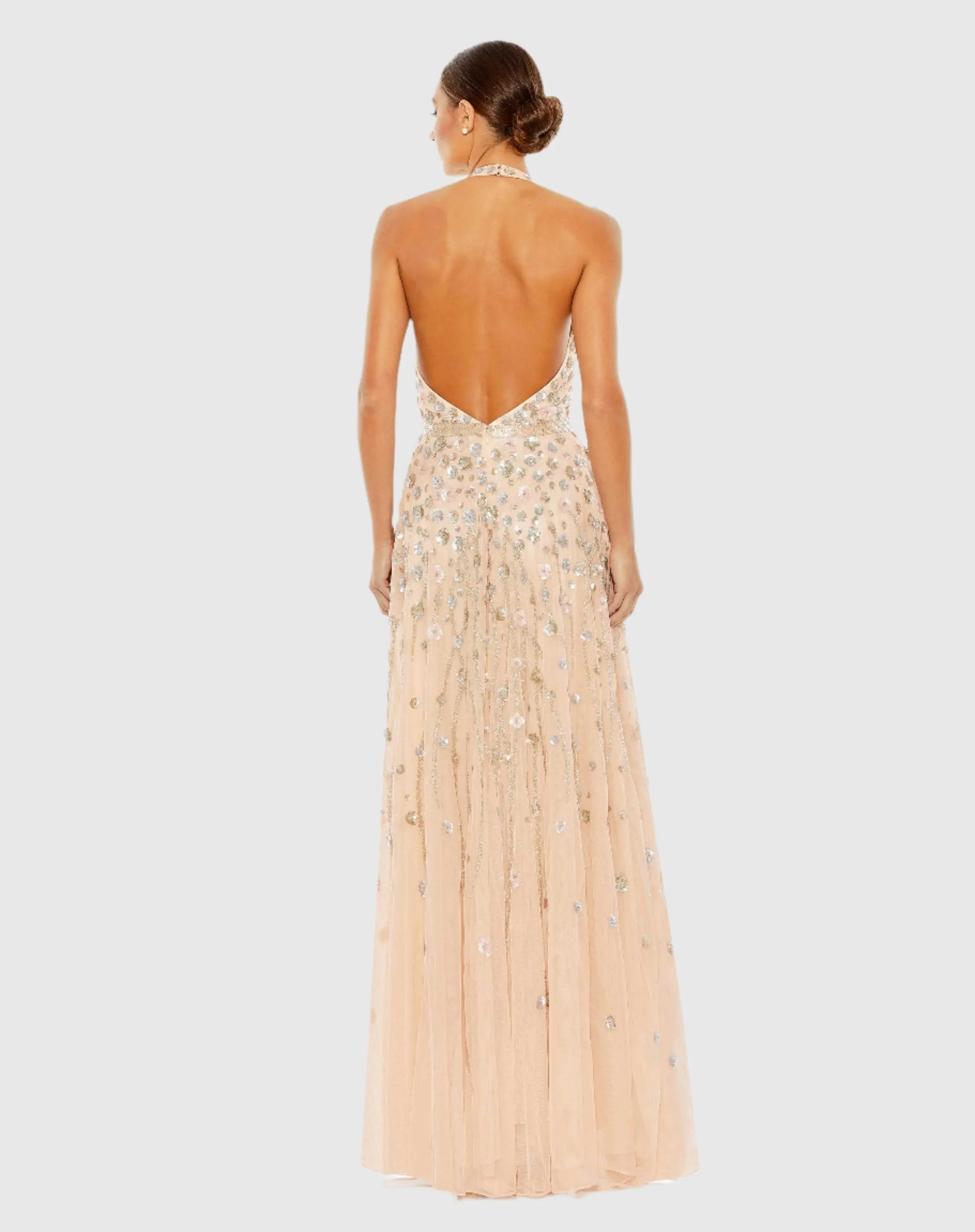 Pink Floral Embellished Halter Strap A Line Gown