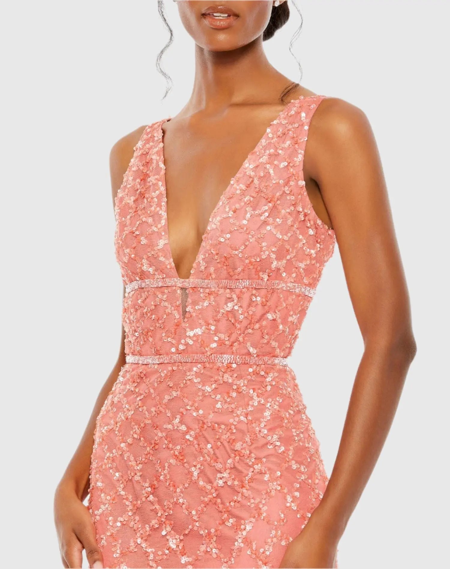 Pink Sequined Plunge Neck Sleeveless Column Gown
