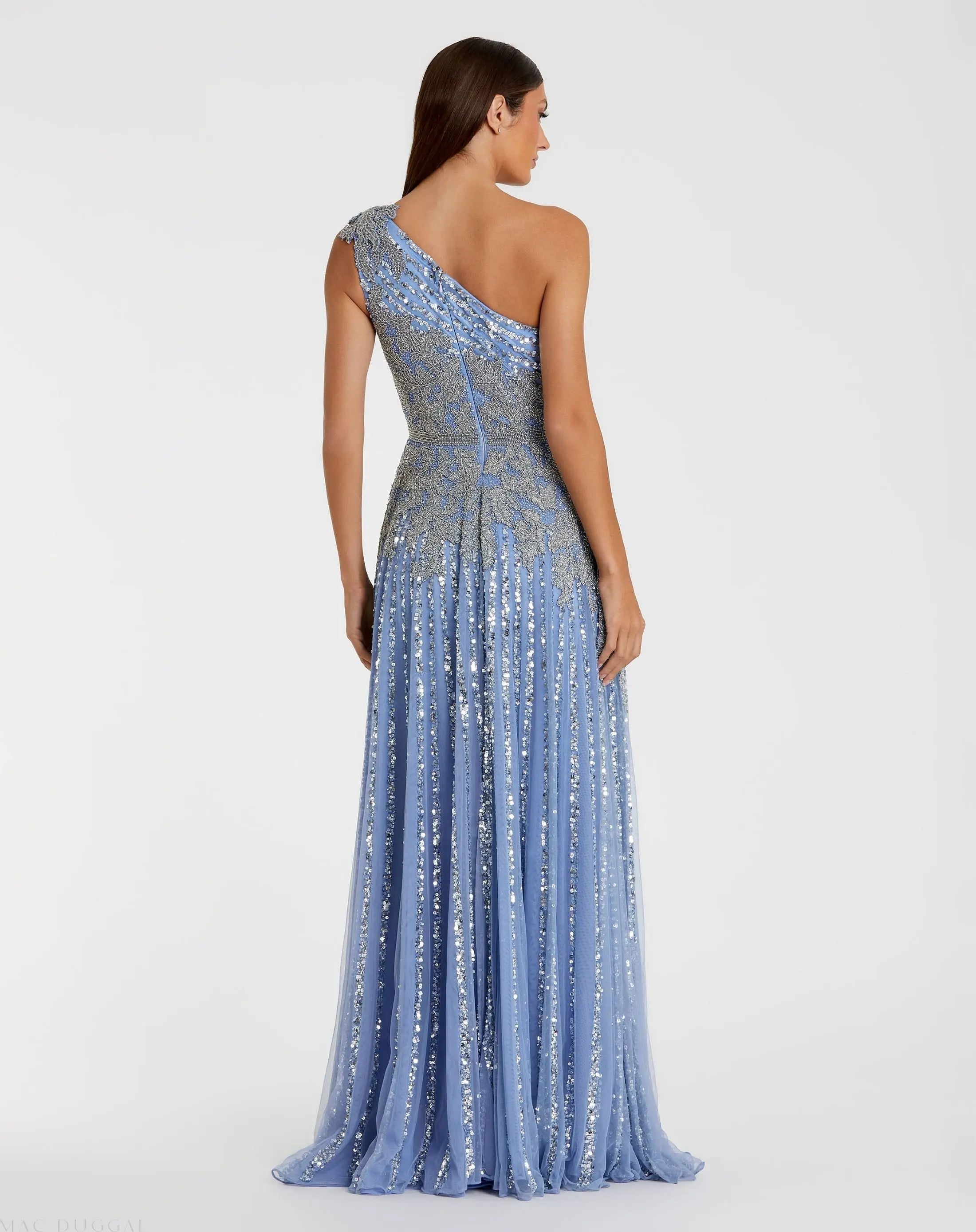 Blue Beaded Embellished One Shoulder A Line Gown