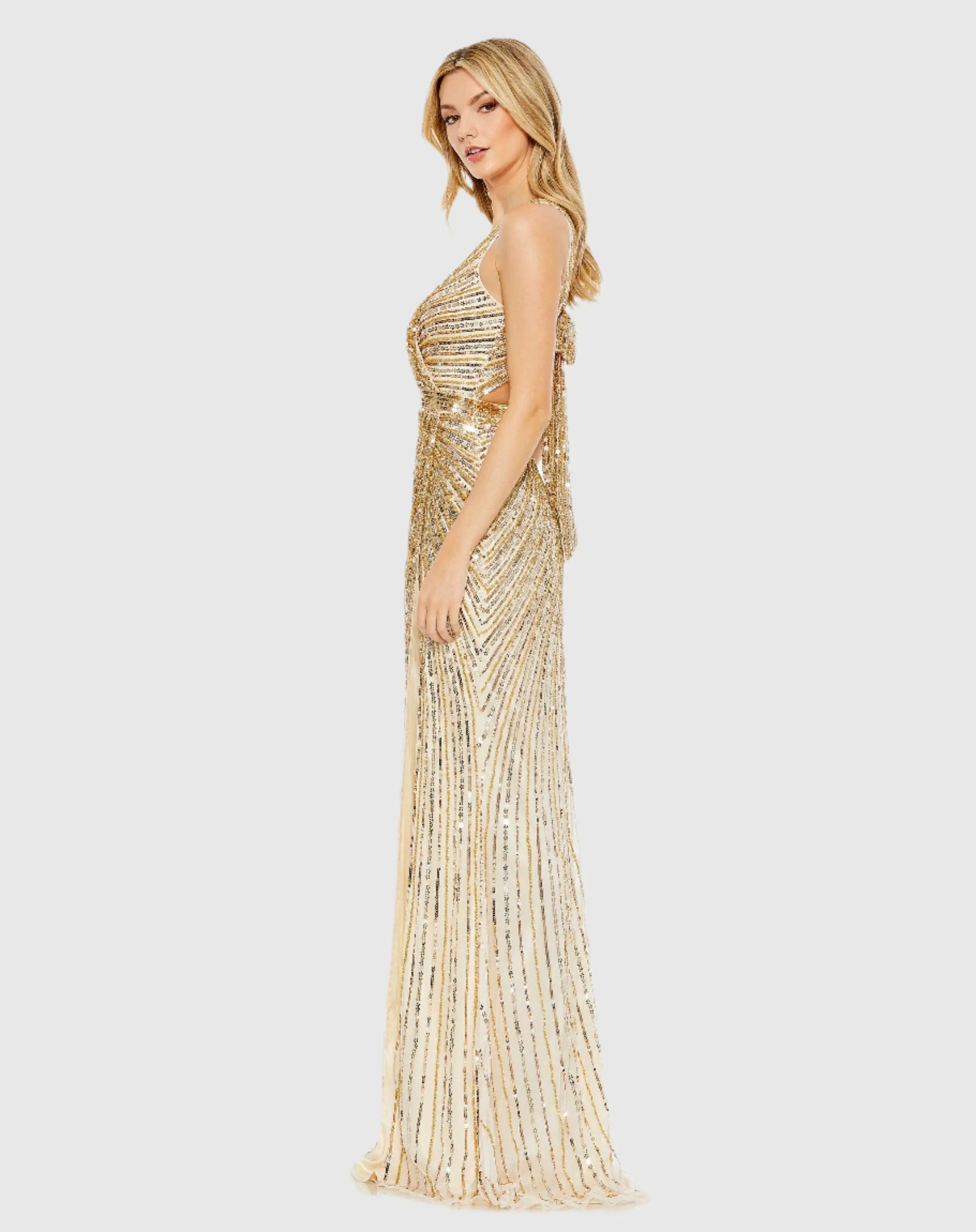Gold Sequined Faux Wrap Sleeveless Gown