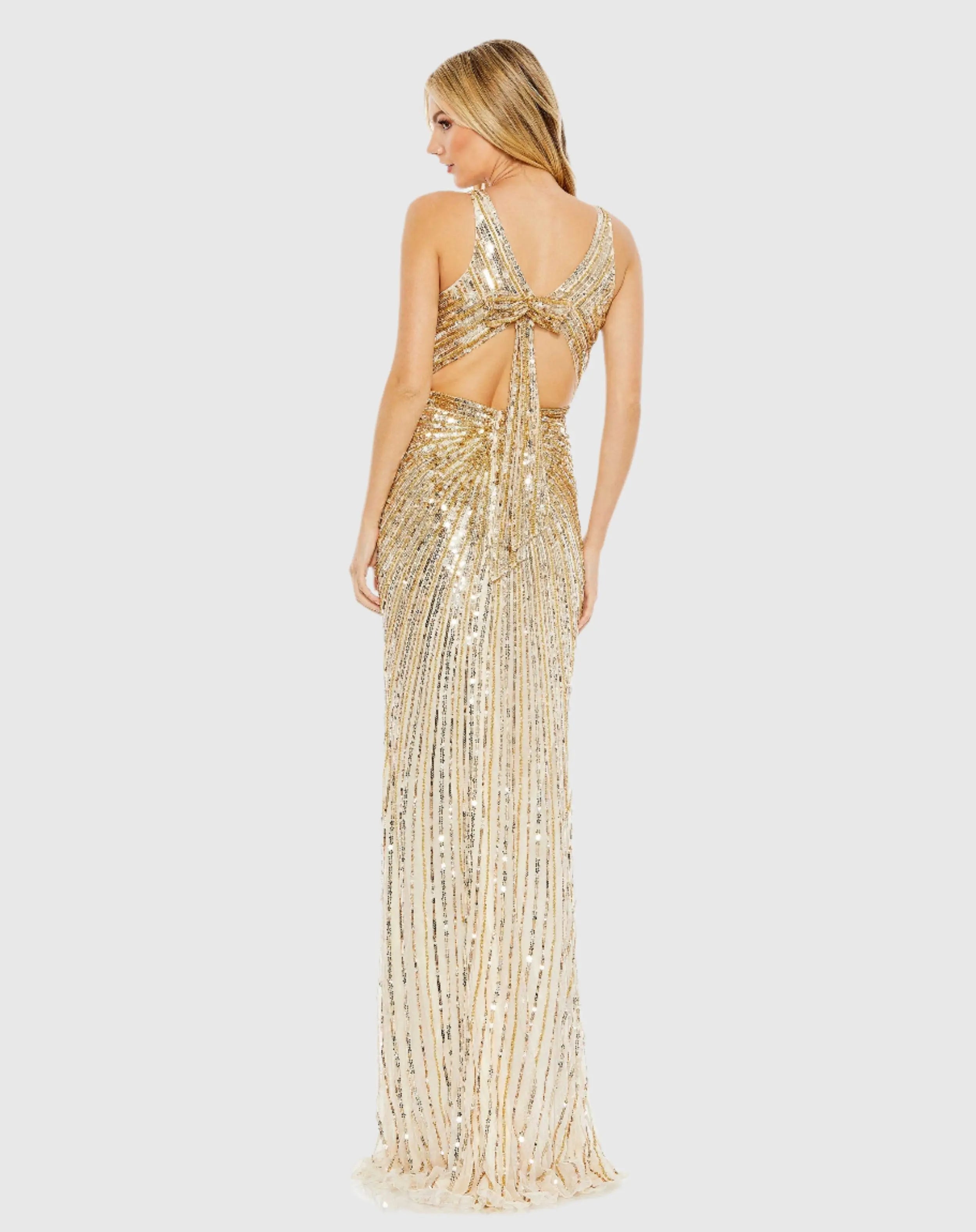 Gold Sequined Faux Wrap Sleeveless Gown