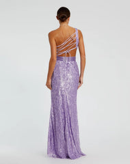Purple Sequined One Shoulder Draped Lace Up Gown