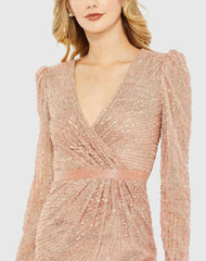 Pink Sequined Wrap Over Long Sleeve Gown