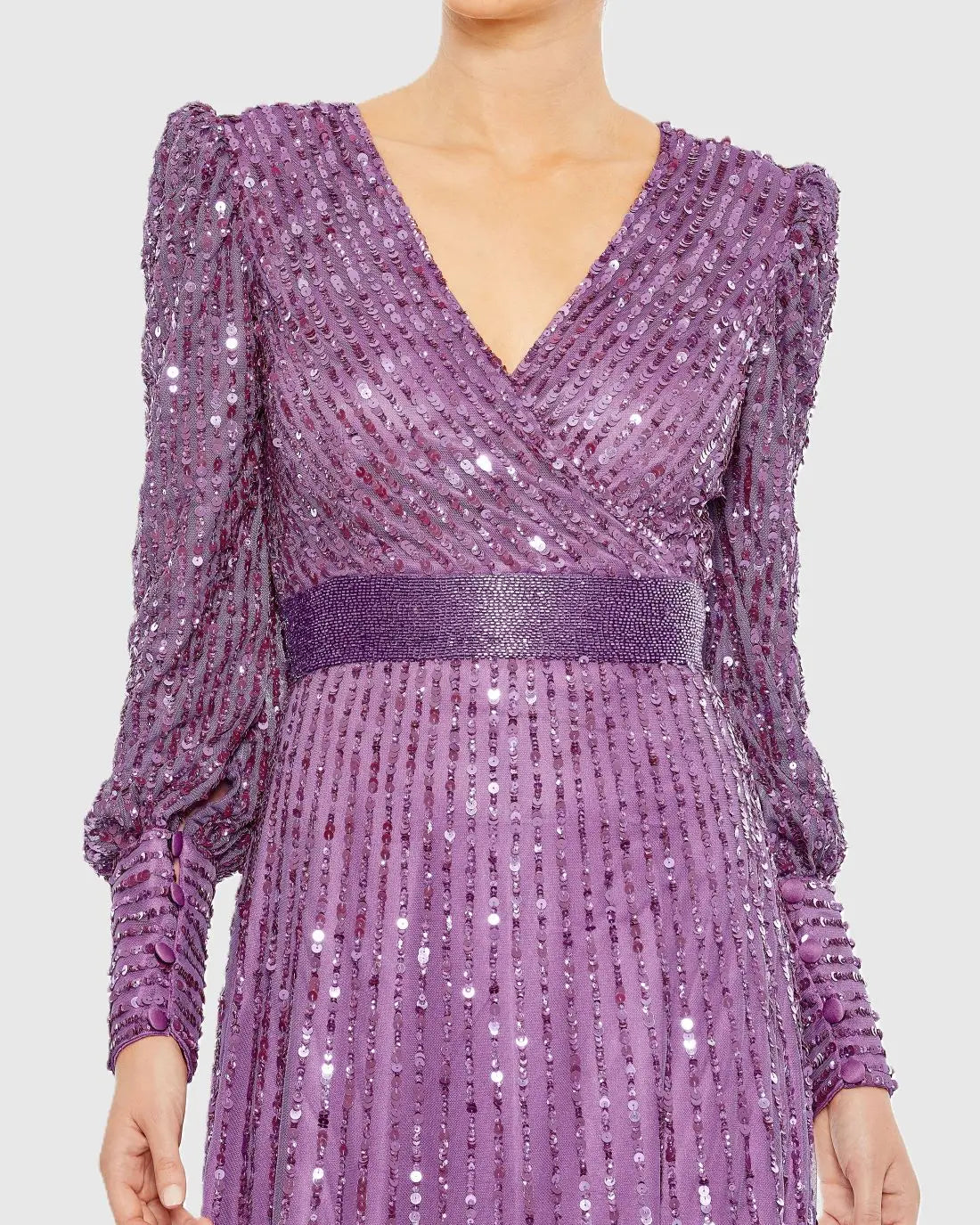 Purple Sequined Wrap Over Bishop Sleeve Gown