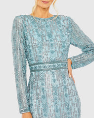 Blue Long Sleeve Beaded Gown with Crystal Fringe