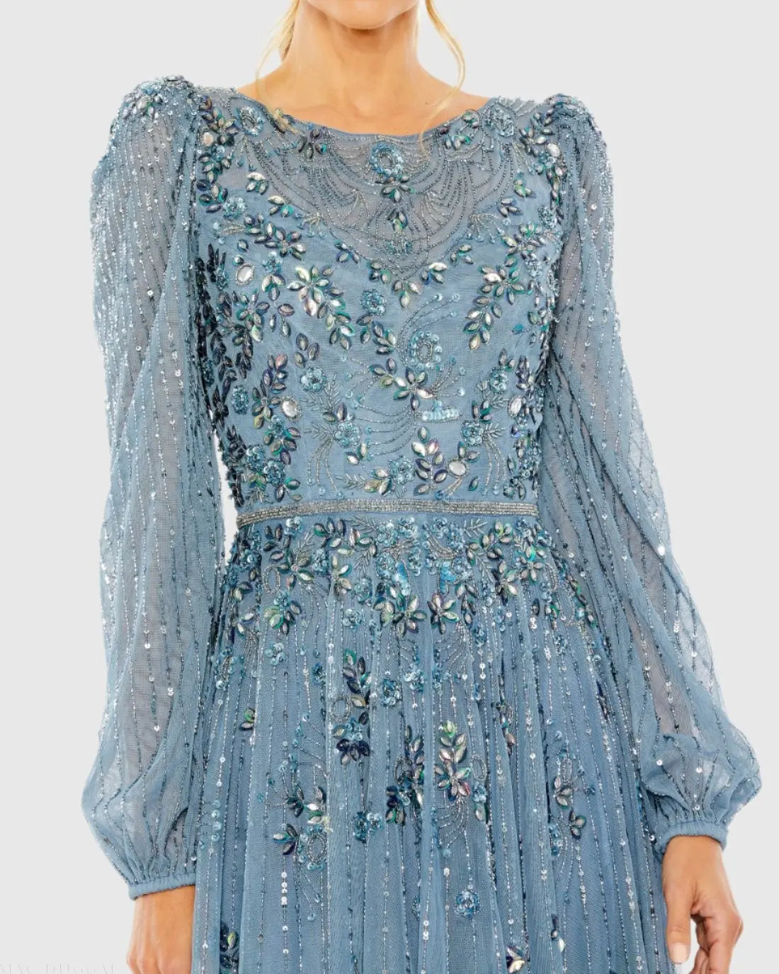 Blue Floral Embellished High Neck Puff Long Sleeve A Line Midi Dress