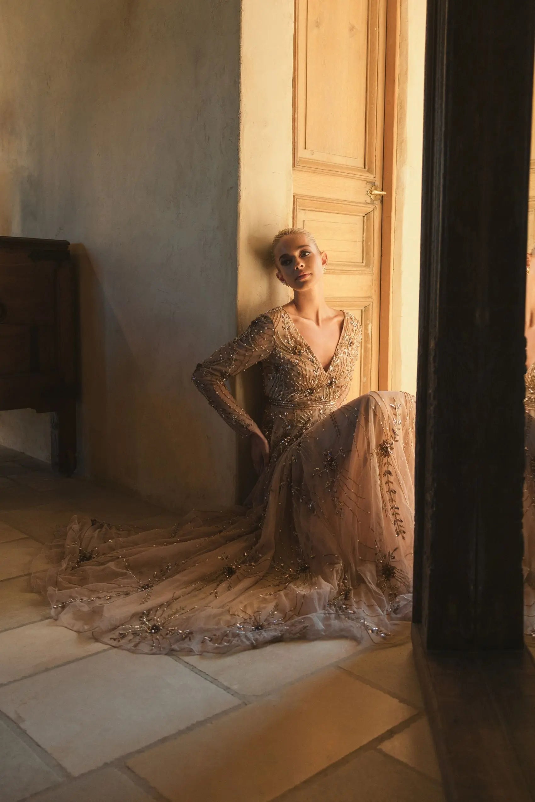 Beige Embellished Sheer Sleeve A-Line Gown