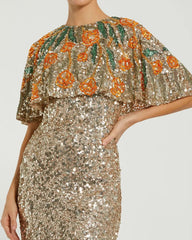 Gold Embellished Gown With Floral Beaded Shawl