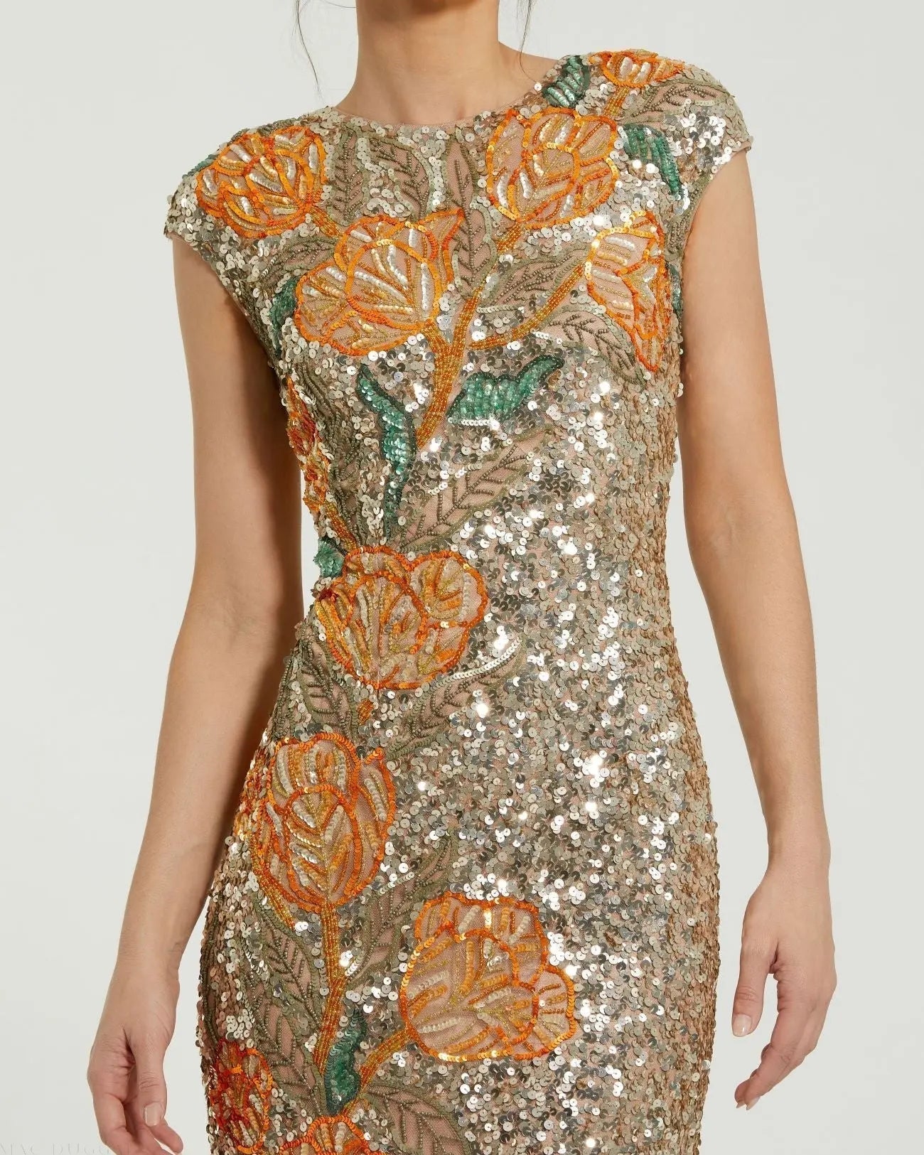 Gold Fitted Cap Sleeve Gown With Floral Beading