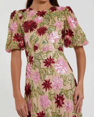 Beige Floral Beaded Mesh Puff Sleeve Gown