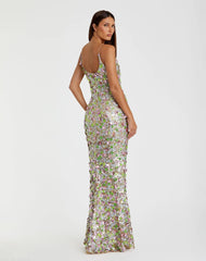 Multicolor Sleeveless Floral Paillette Embellished Mesh Gown