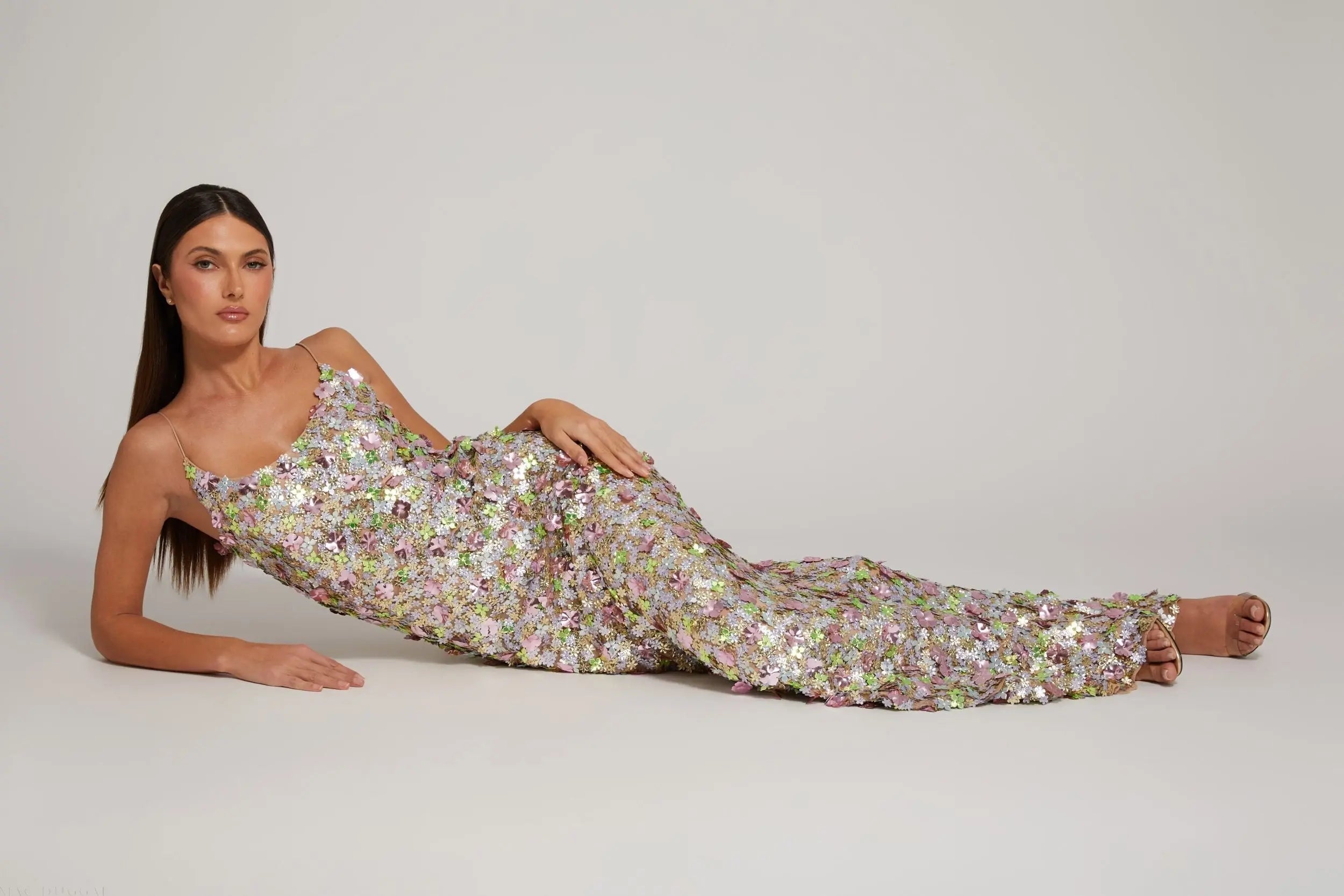 Multicolor Sleeveless Floral Paillette Embellished Mesh Gown