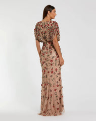 Beige Floral Embellished Short Sleeve Blouson Gown
