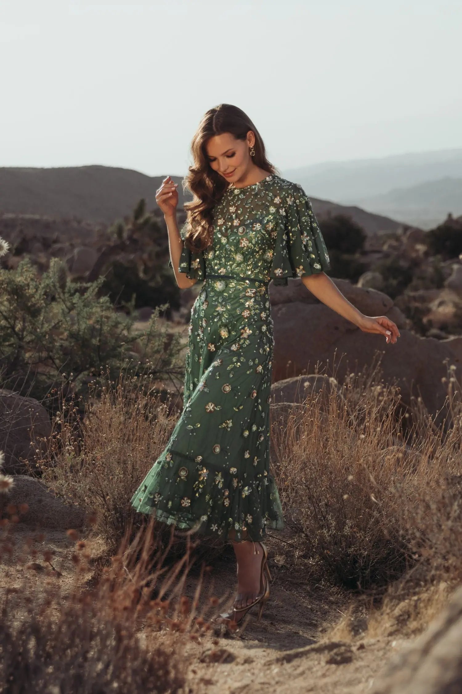 Green Floral Embellished Flutter Sleeve Midi Dress