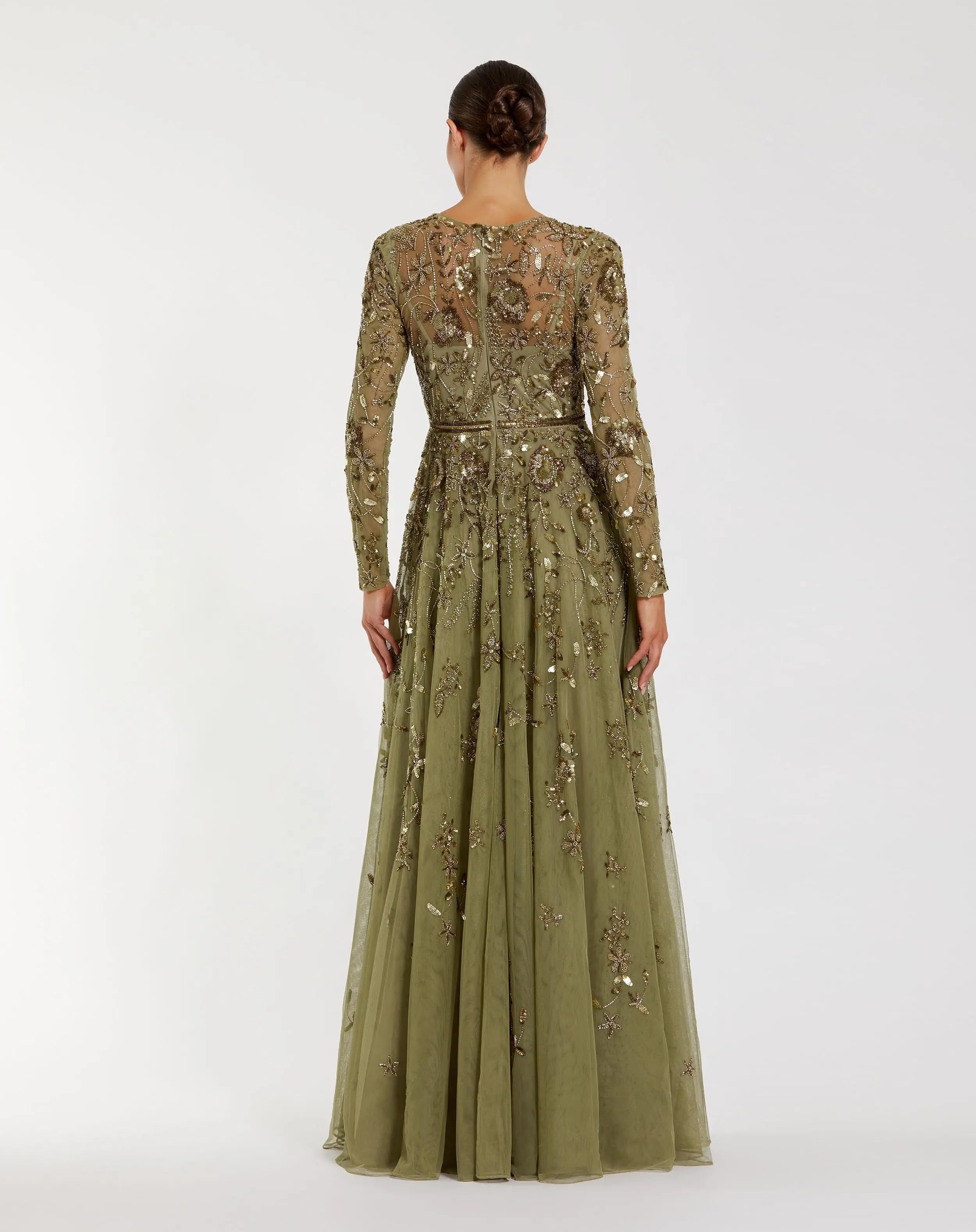 Green Long Sleeve Hand Embellished Floral A-line Gown