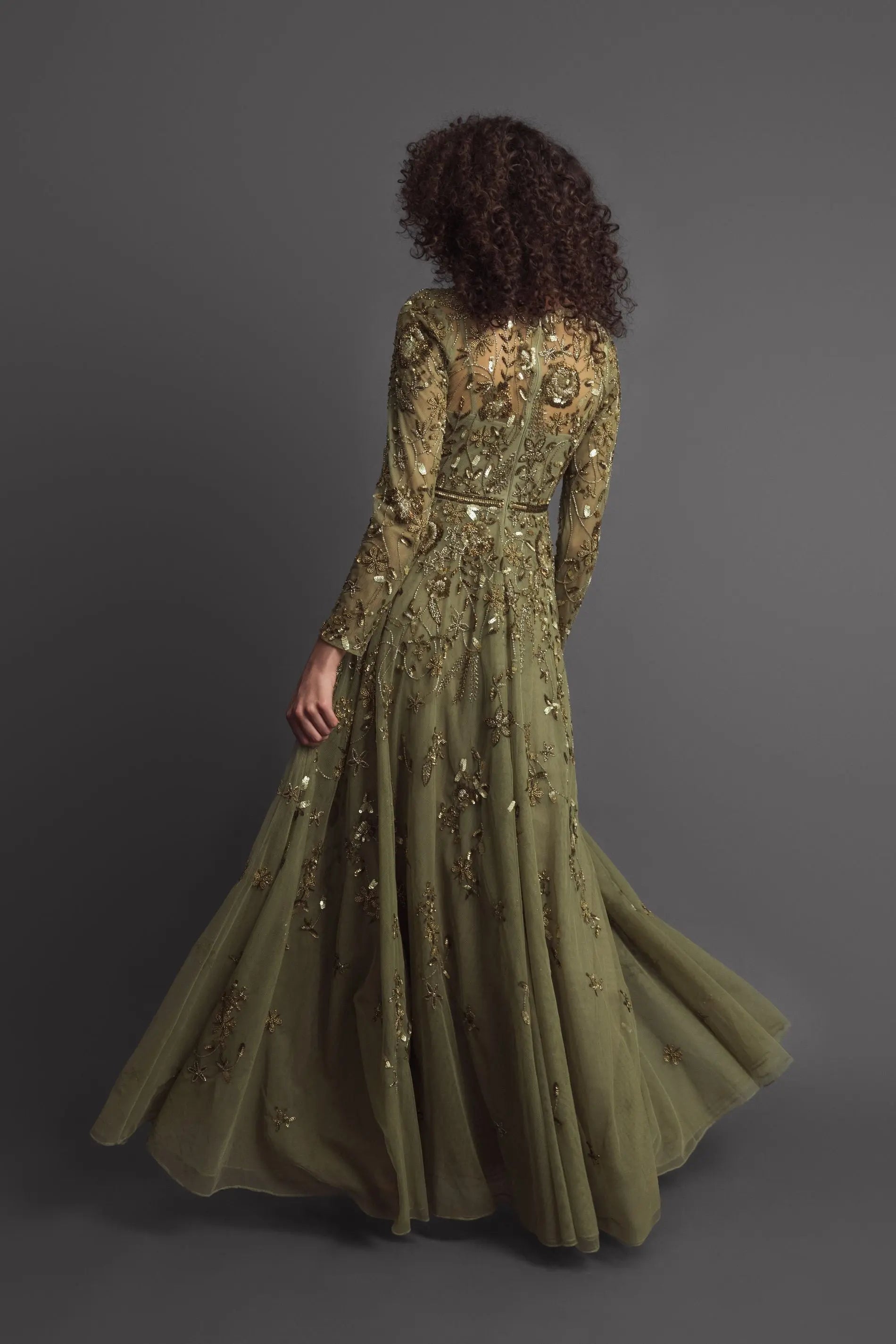 Green Long Sleeve Hand Embellished Floral A-line Gown