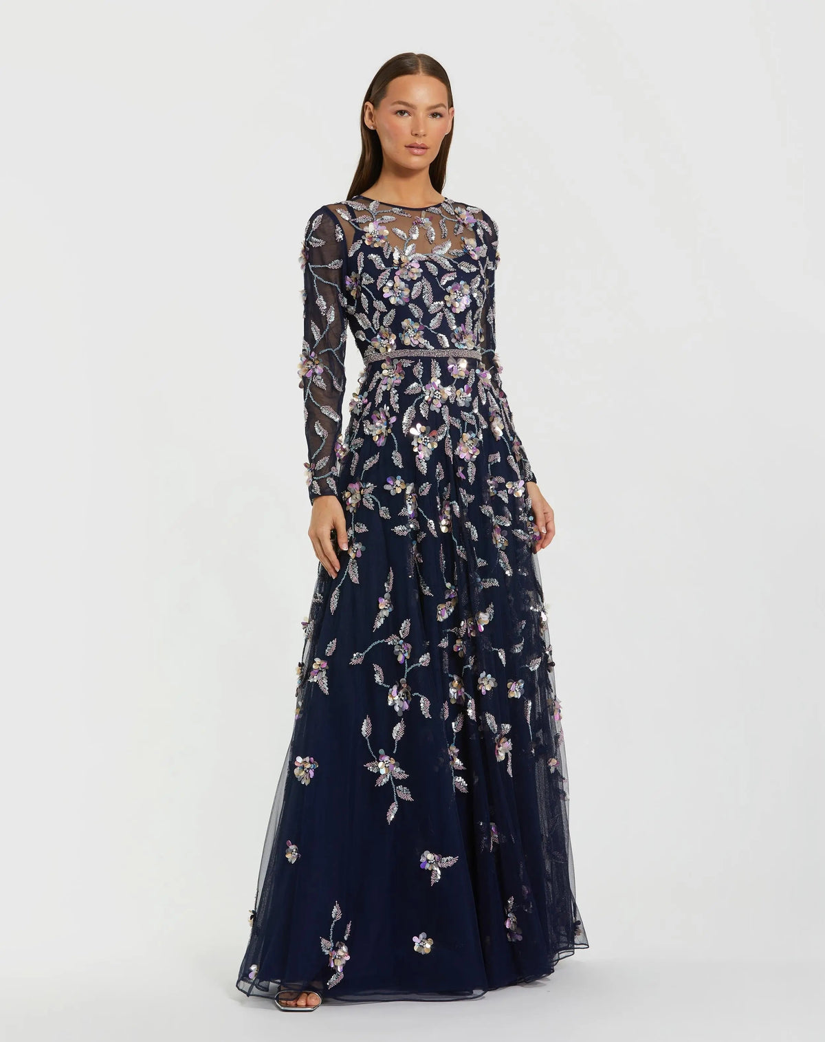 Navy Long Sleeve Floral Embellished Evening Gown