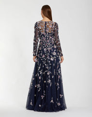 Navy Long Sleeve Floral Embellished Evening Gown