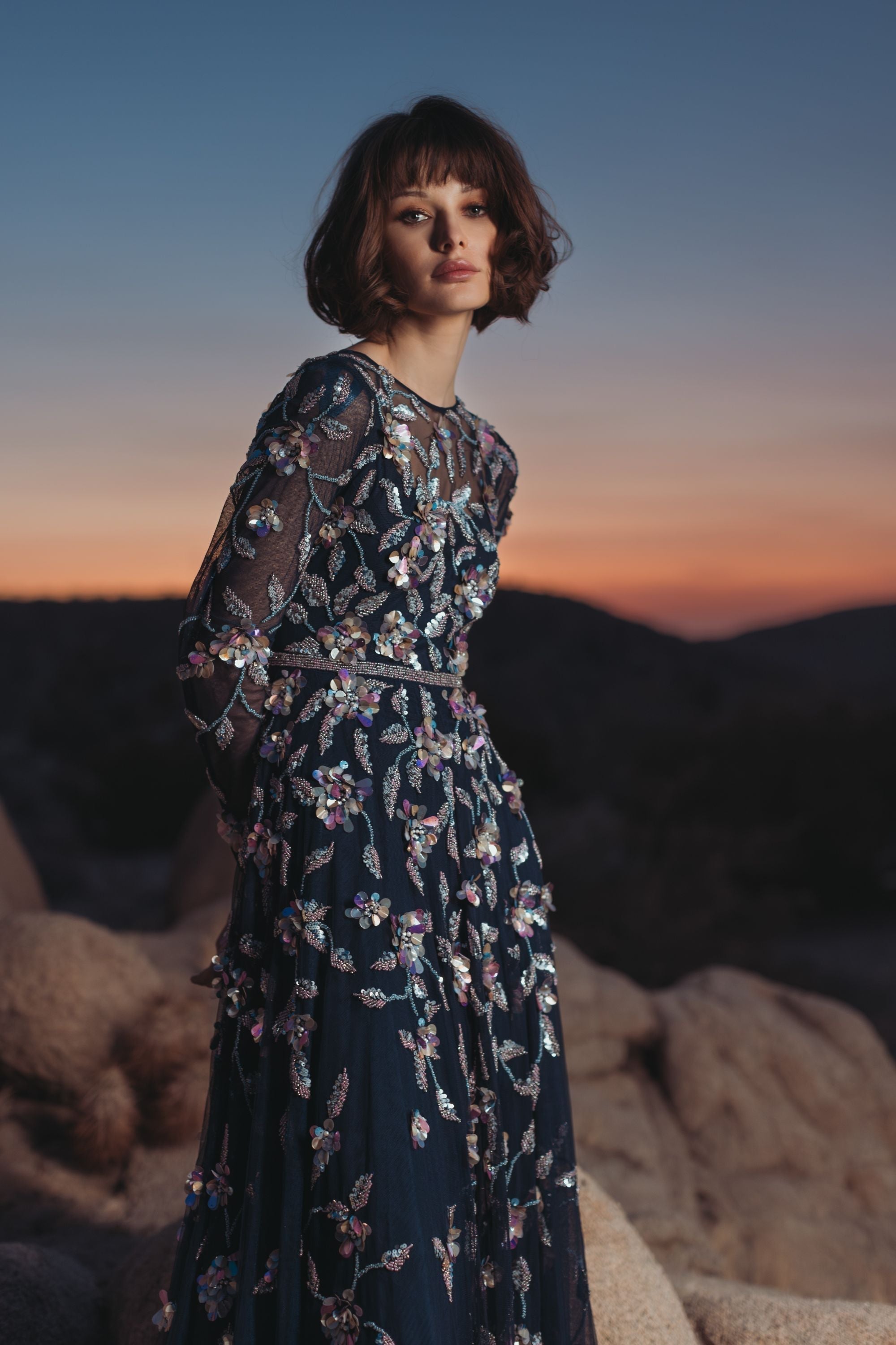 Navy Long Sleeve Floral Embellished Evening Gown