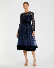 Navy Velvet Embellished Illusion Long Sleeve A-Line Midi Dress