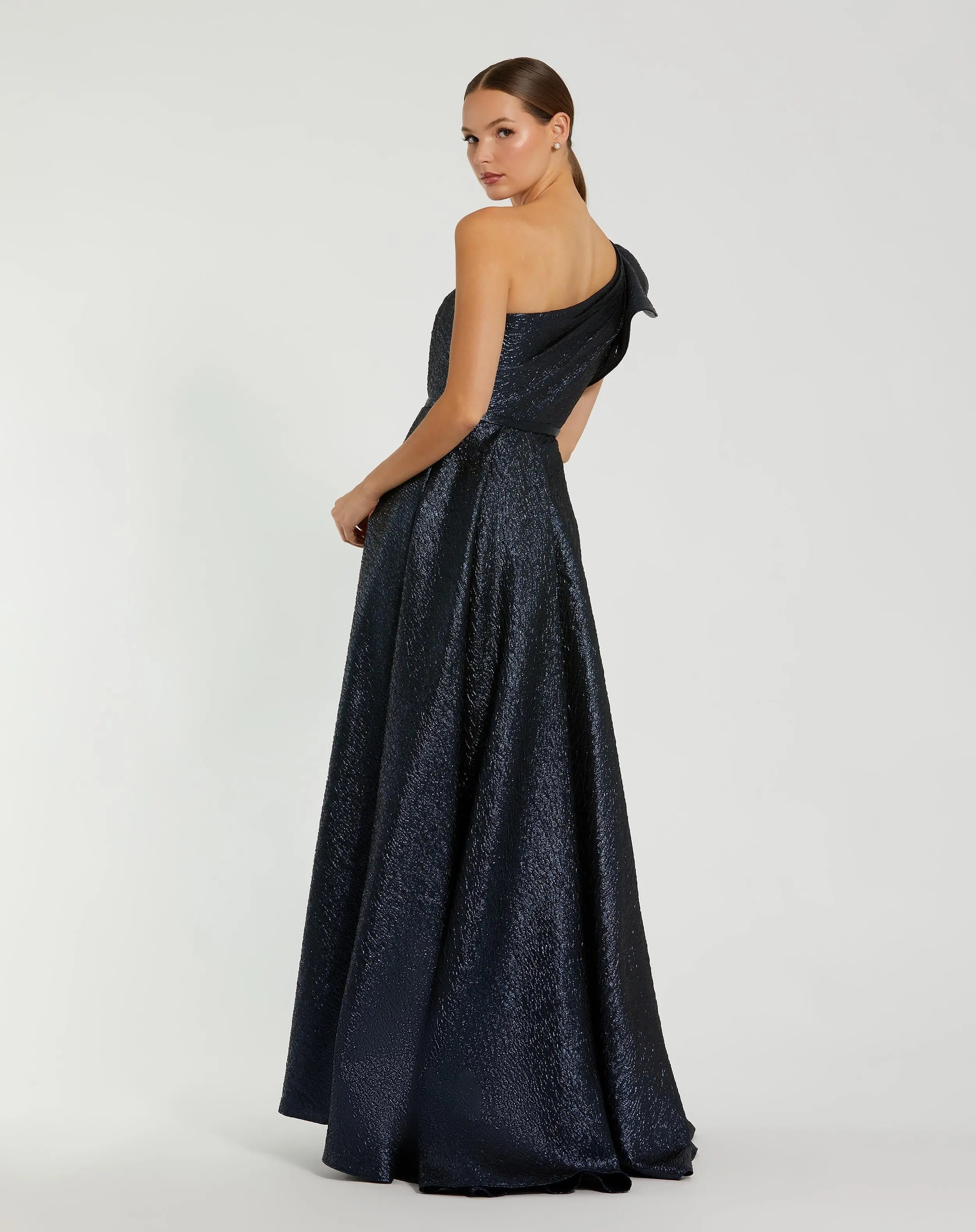 Navy One Shoulder Metallic Ballgown
