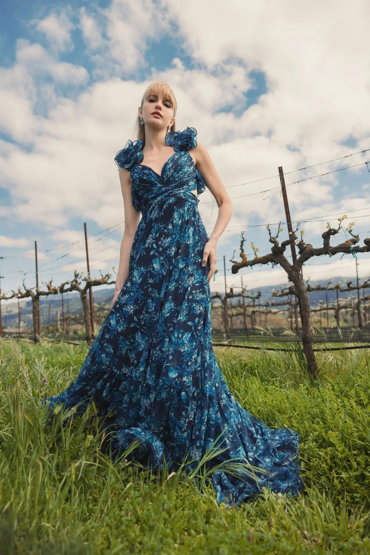 Navy Tiered Floral Cut-Out Chiffon Gown