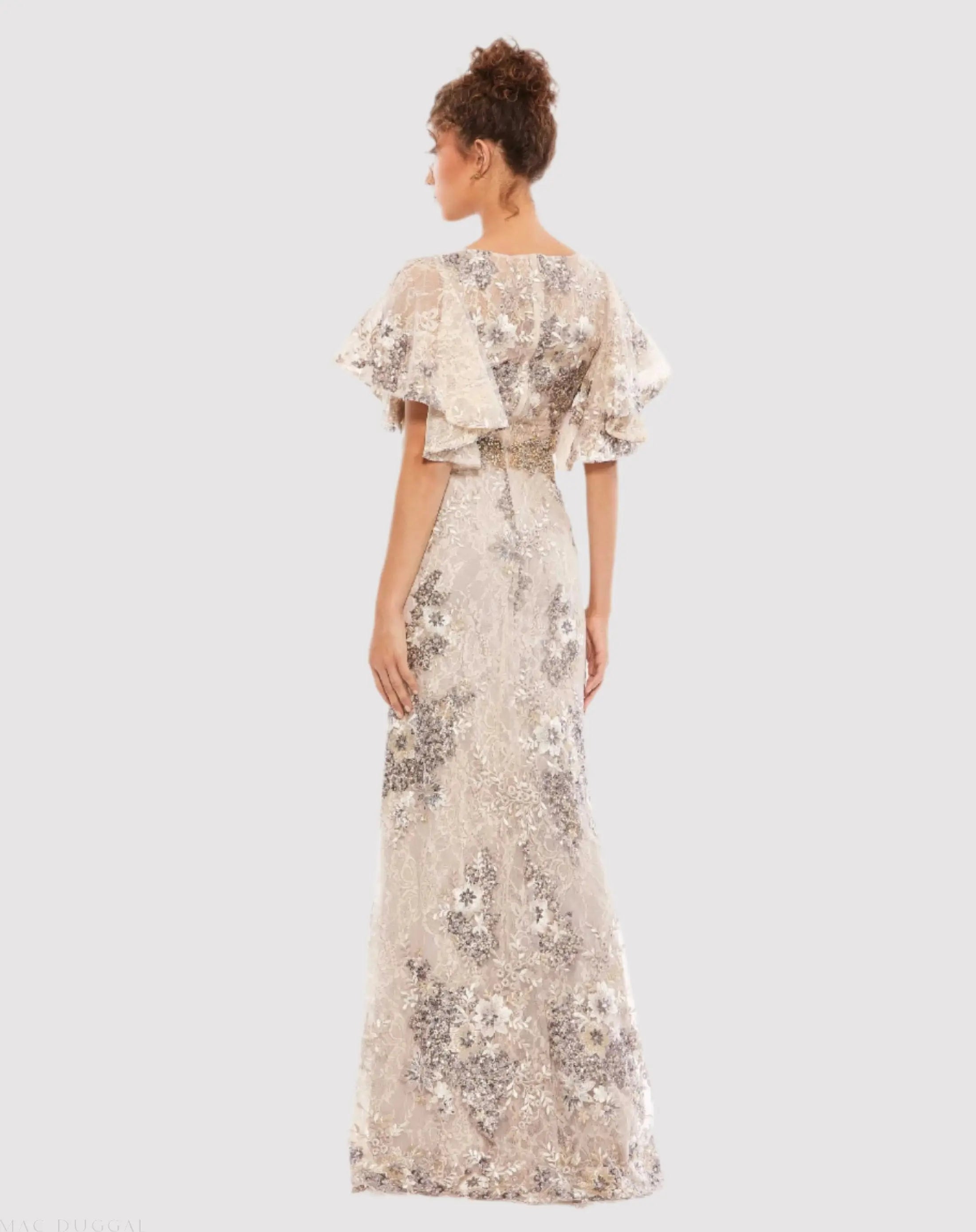 Beige Bell Sleeve Floral Embellished Gown
