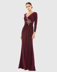 Red Faux Wrap Long Sleeve Evening Gown with Appliqué Detail