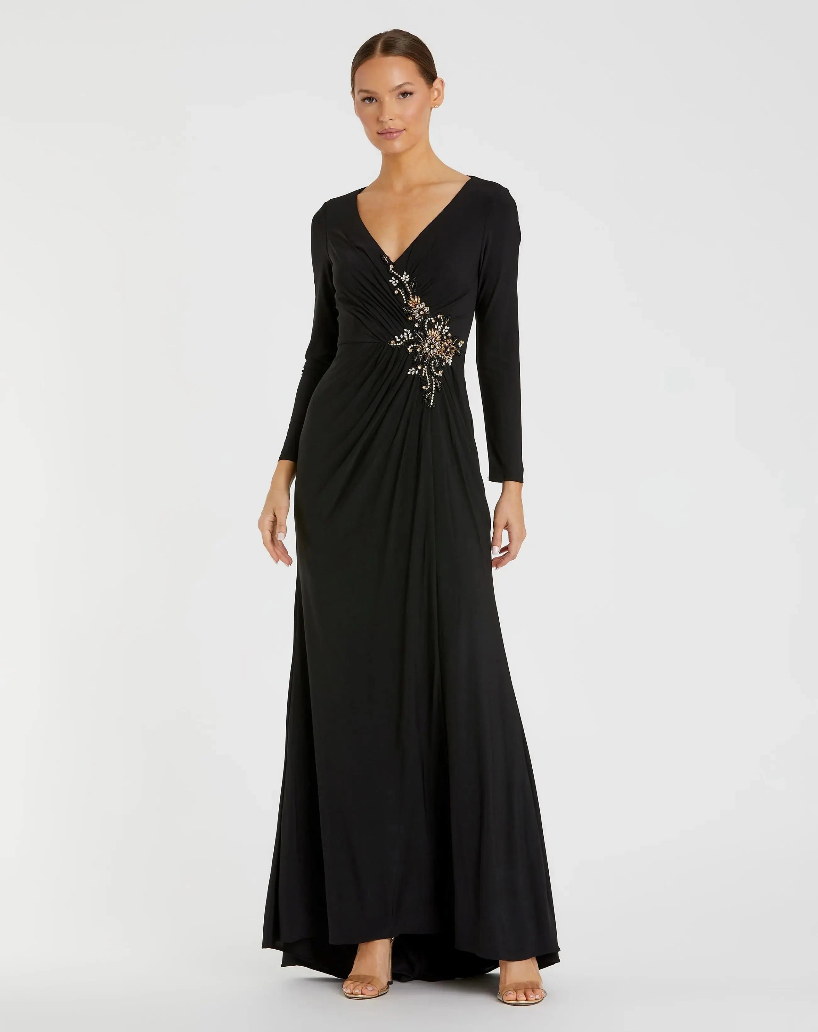 Faux Wrap Long Sleeve Evening Gown w/ Appliqué Detail