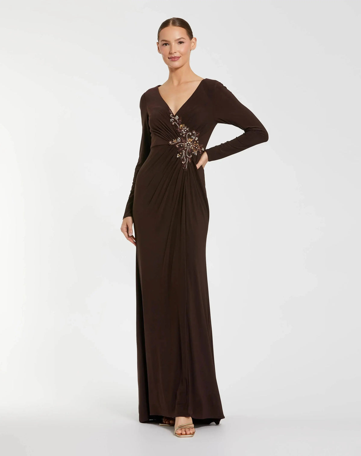 Faux Wrap Long Sleeve Evening Gown w/ Appliqué Detail