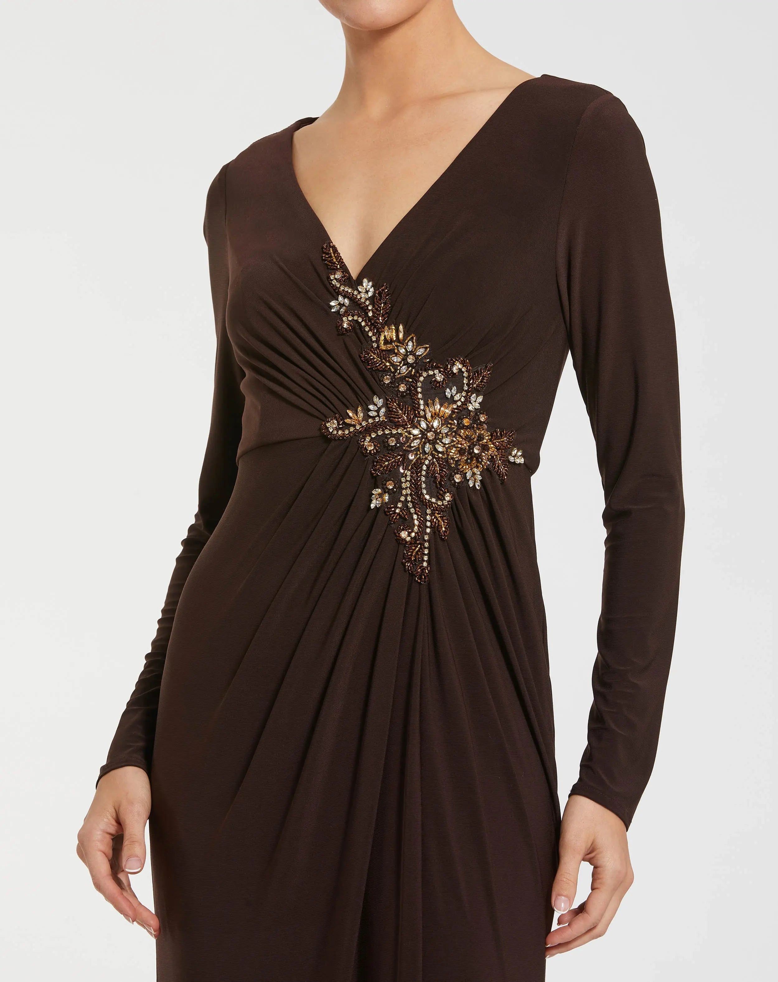 Brown Faux Wrap Long Sleeve Evening Gown with Appliqué Detail