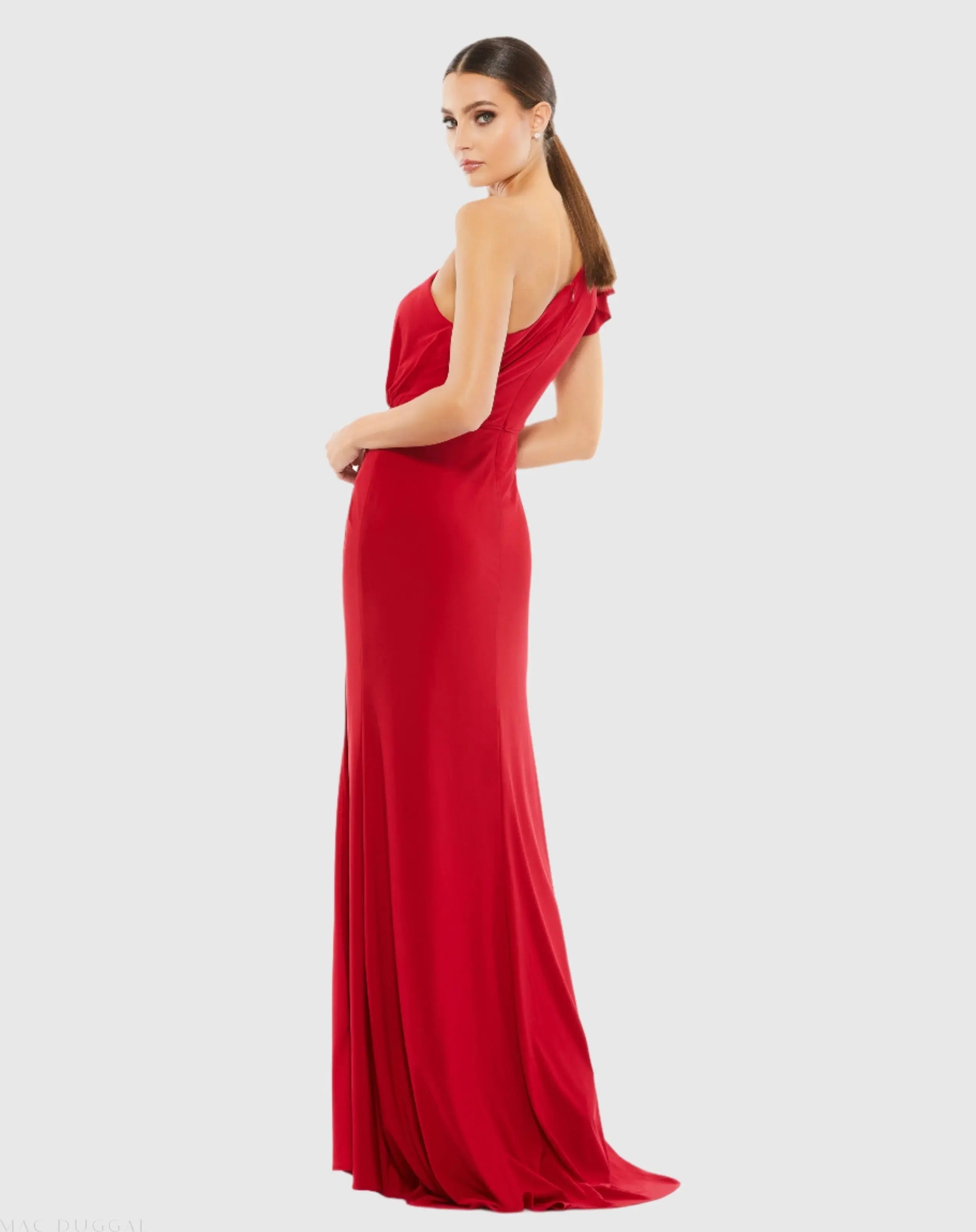 Red Ruffled One Shoulder Draped Gown