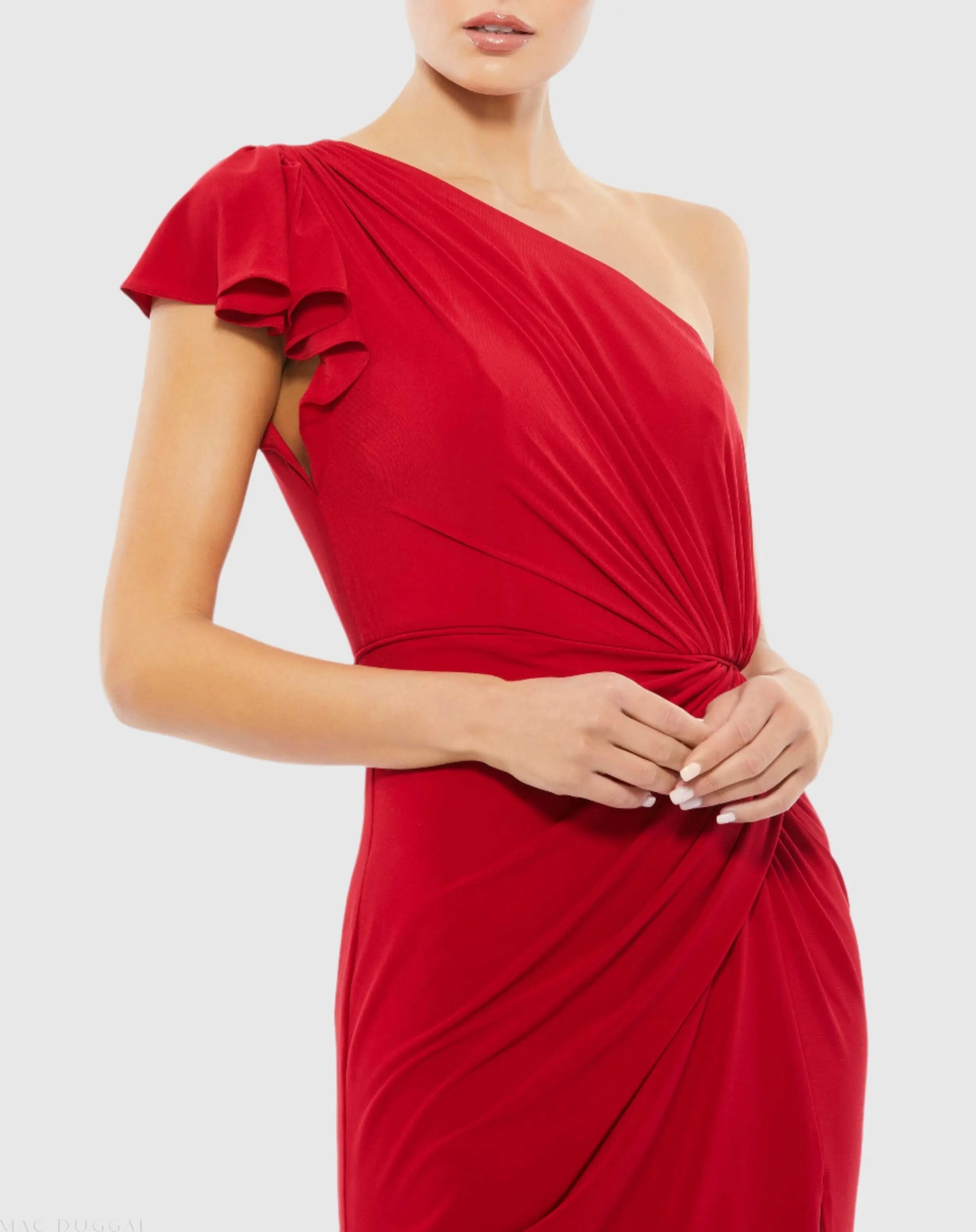 Red Ruffled One Shoulder Draped Gown