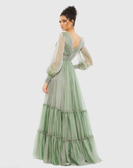 Green Faux Wrap Illusion Bishop Sleeve Tiered Gown