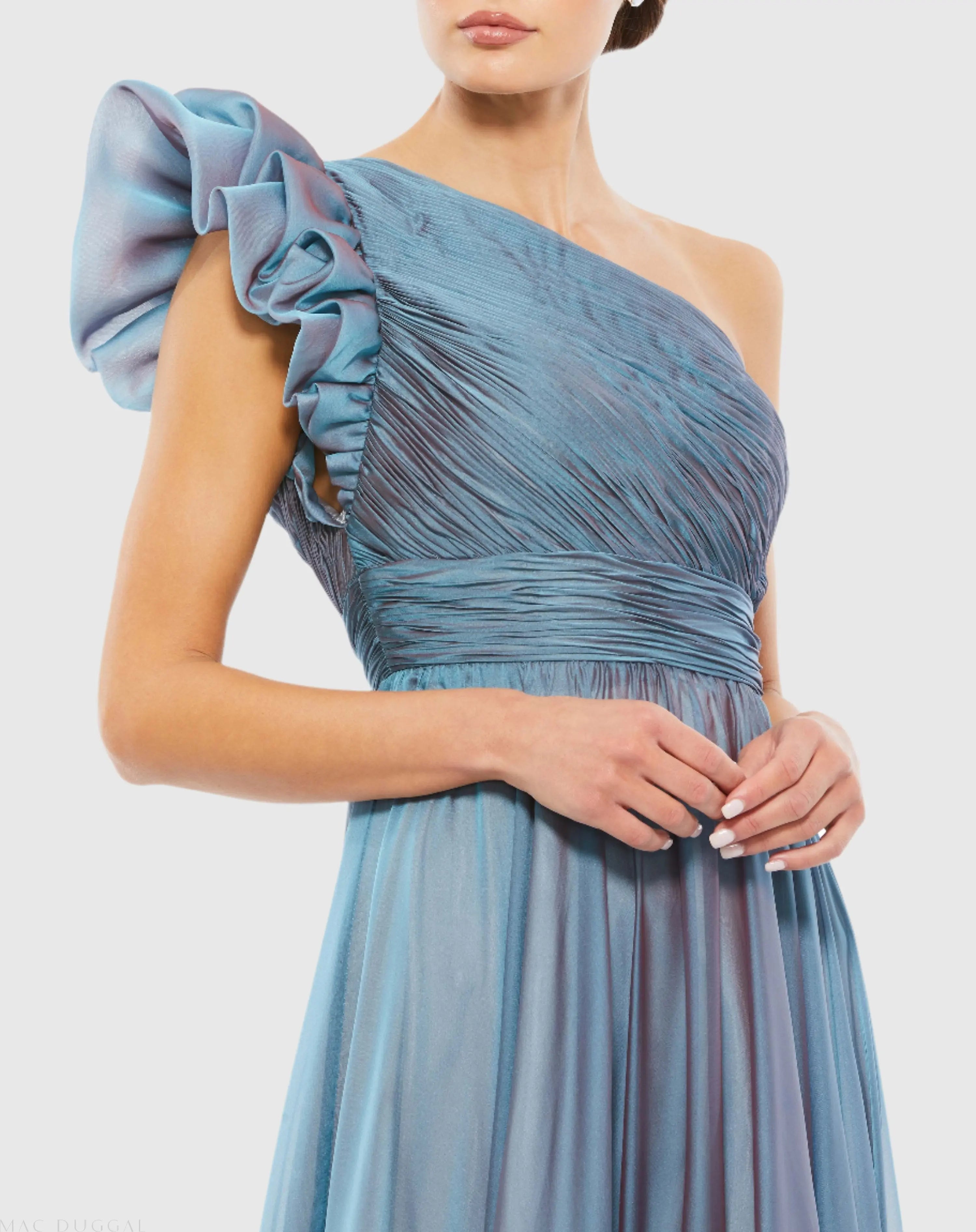 Blue Organza One Shoulder Pleated Gown