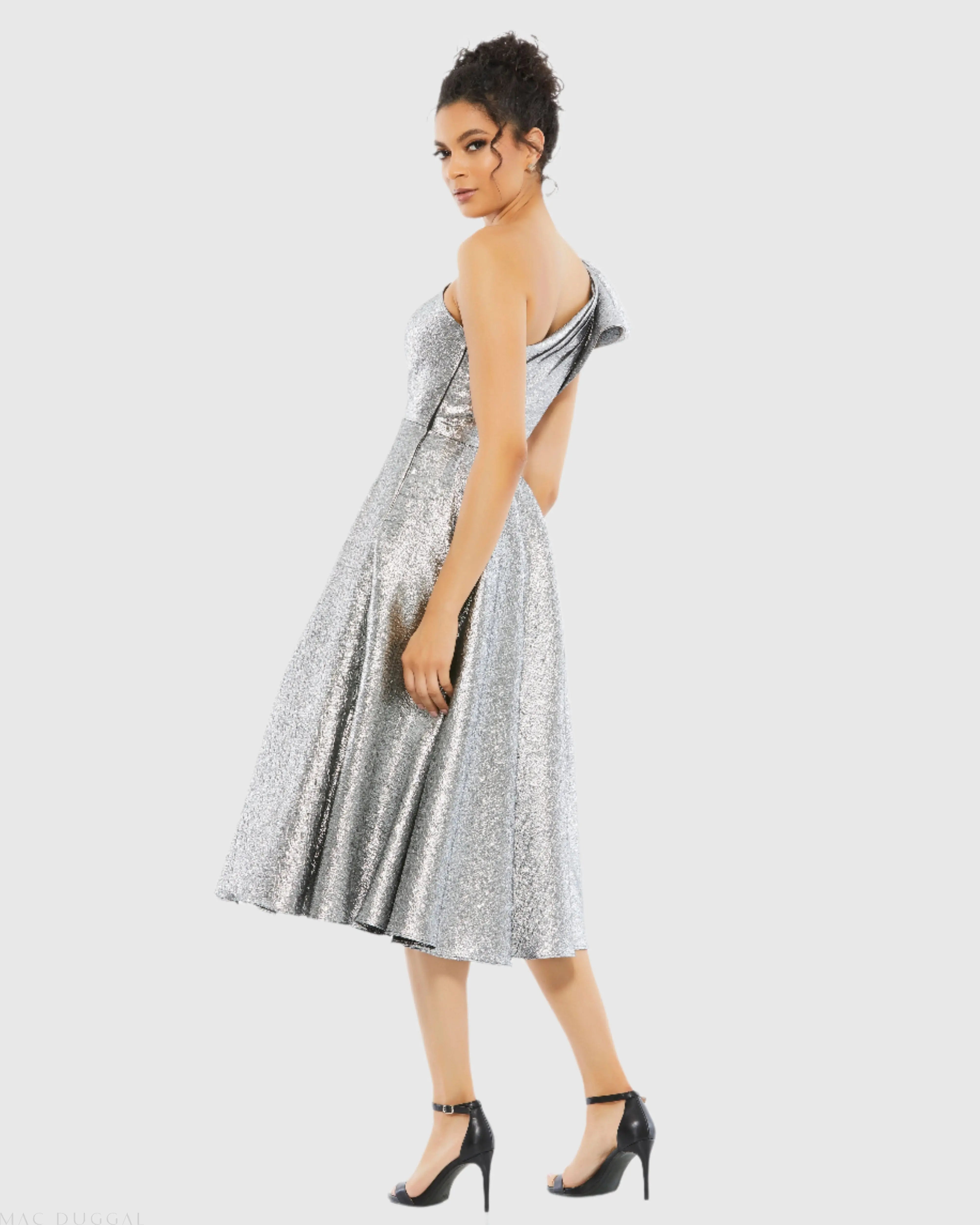 Silver One Shoulder Bow Midi Dress