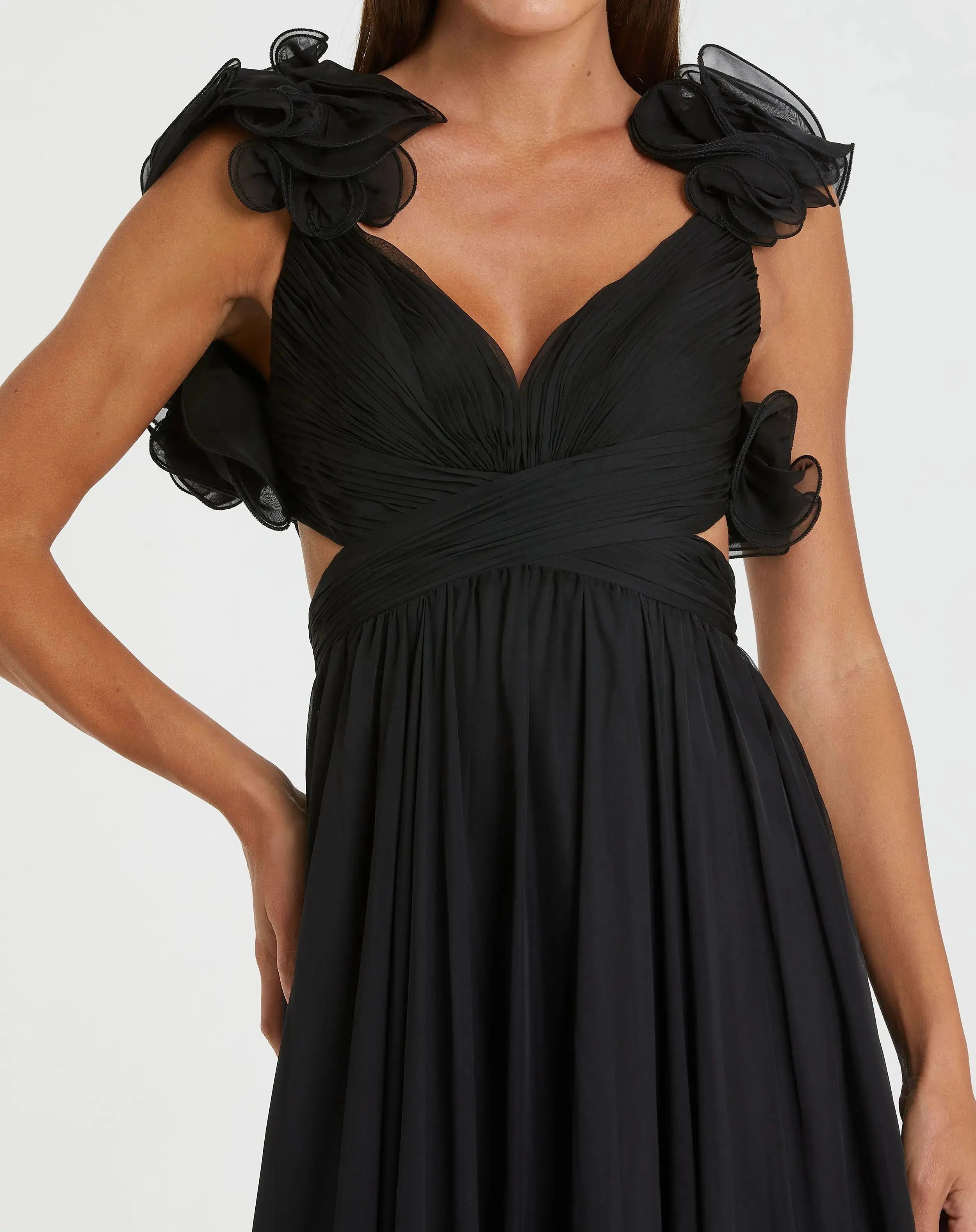 Black Ruffle Tiered Cut-Out Chiffon Gown